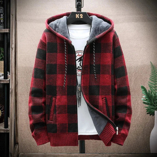 Mens Hooded Plaid Zipped Up Jacket