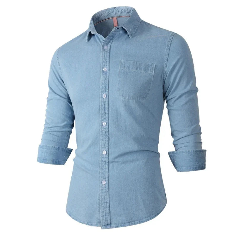 Mens Long Sleeve Single Pocket Denim Shirt