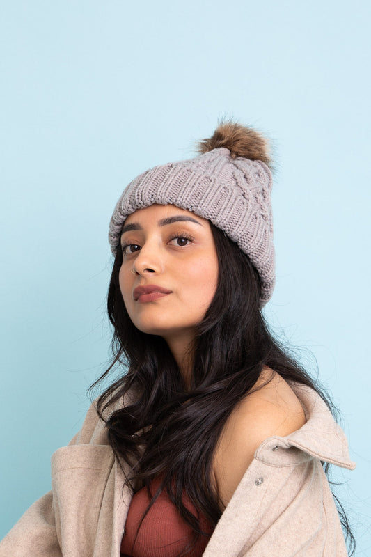 Cable Knit Beanie with Faux Fur Pom