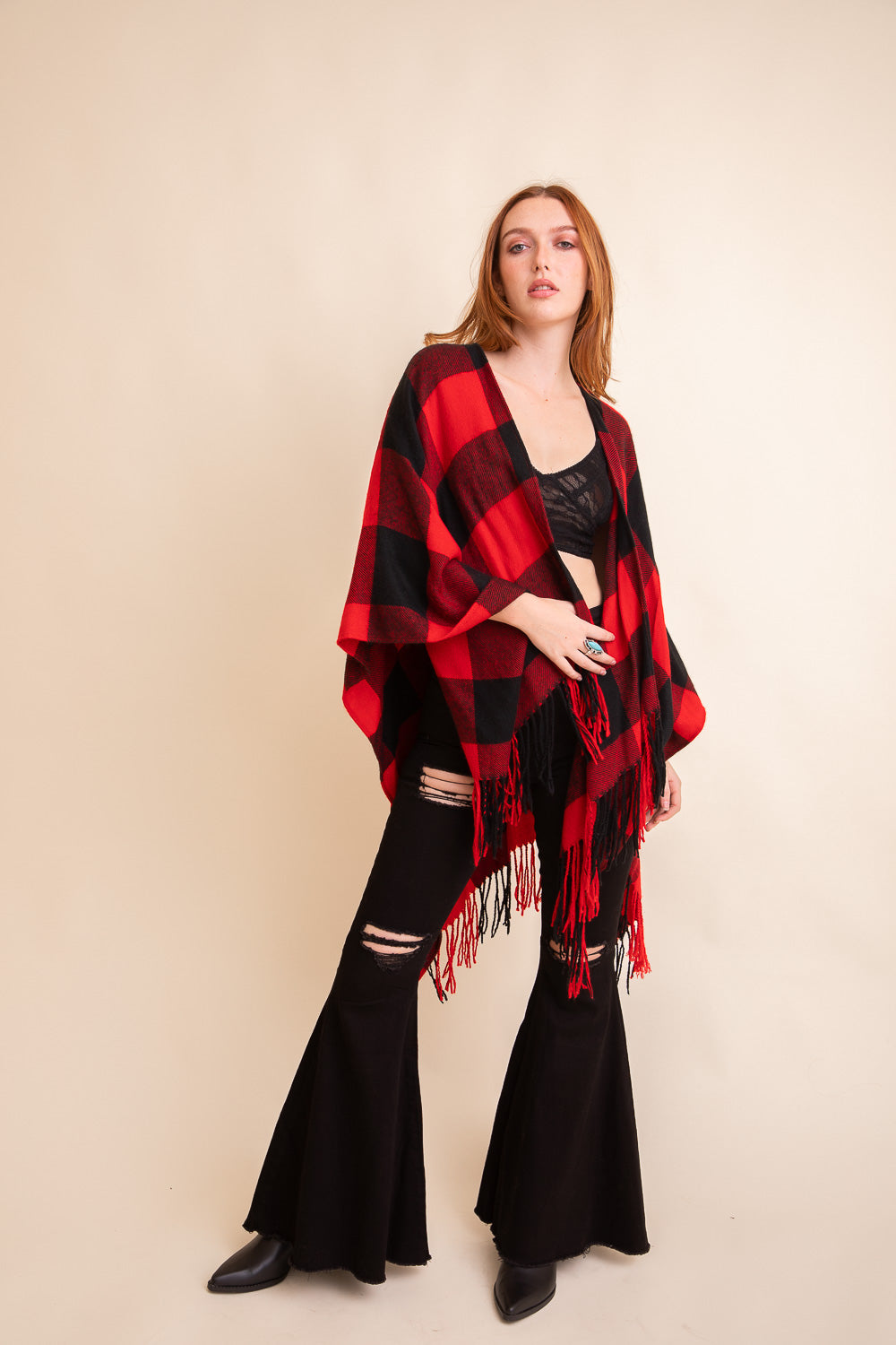 Classic Buffalo Check Tassel Ruana