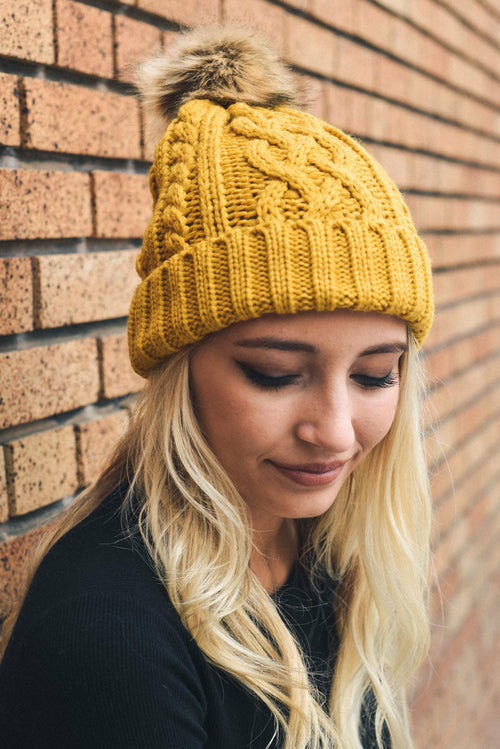 Cable Knit Beanie with Faux Fur Pom