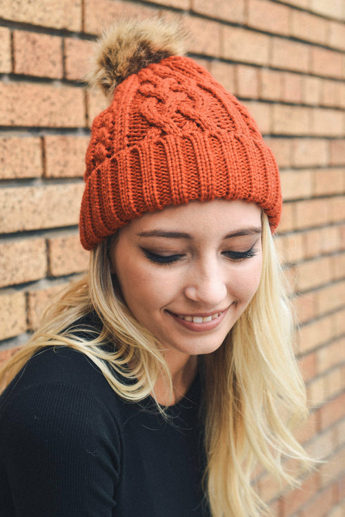 Cable Knit Beanie with Faux Fur Pom