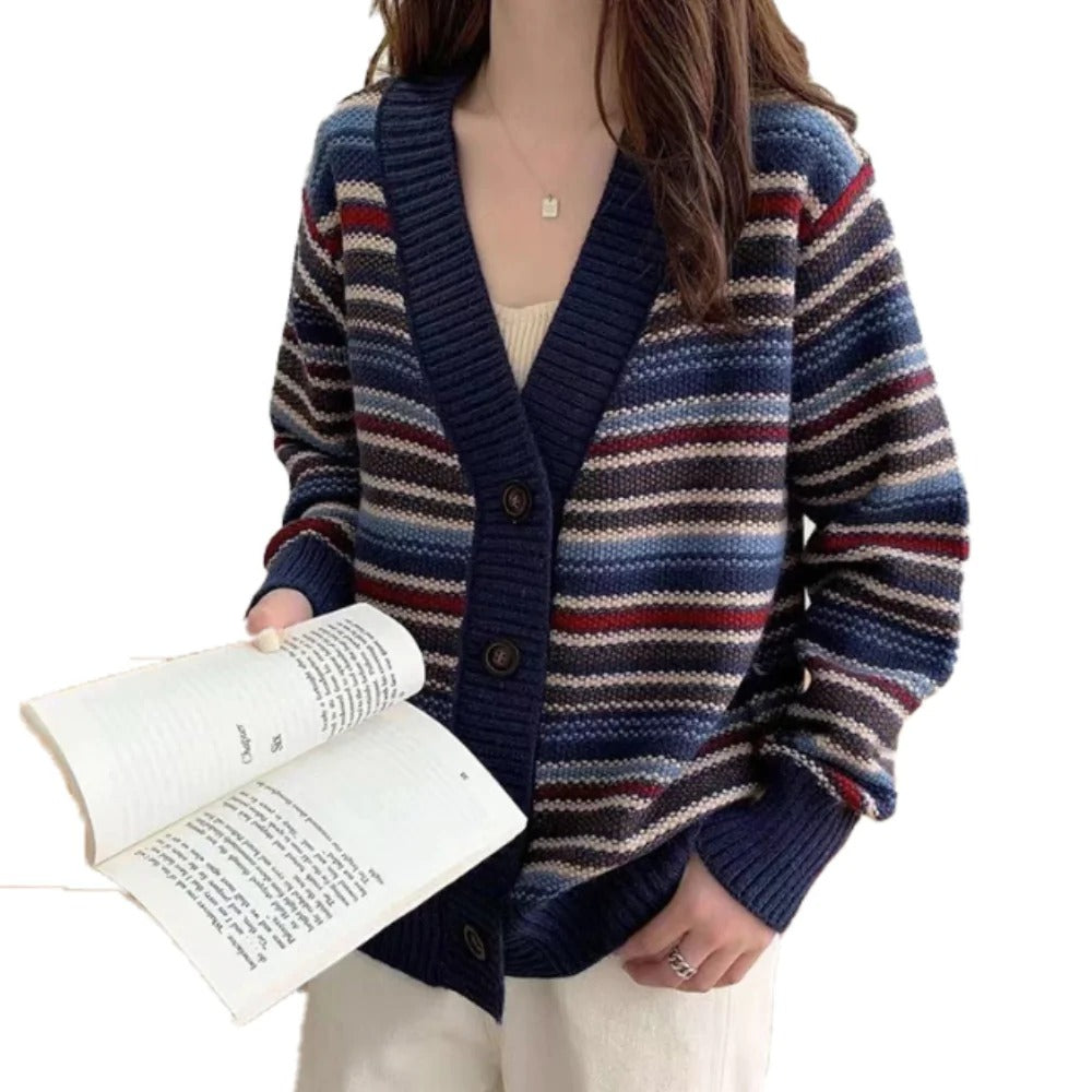 Womens Button Down Striped Cardigan