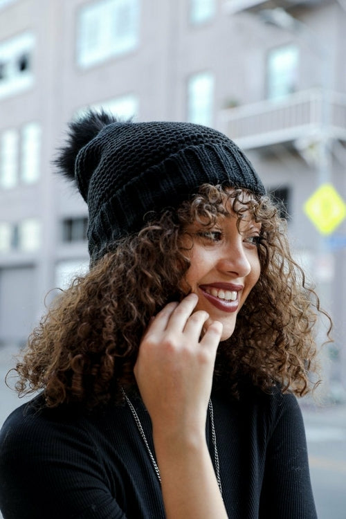 Pom Beanie with Faux Sherpa Lining